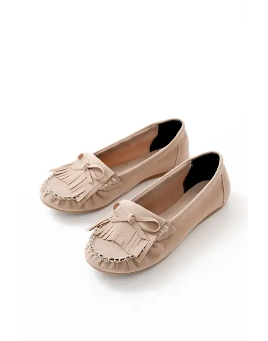 Bej Süet Püsküllü Günlük Kadın Babet