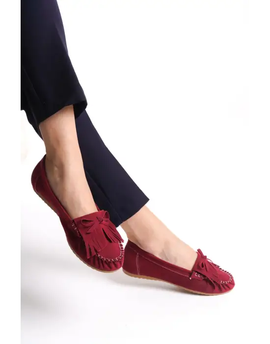 Bordo Süet Püsküllü Günlük Kadın Babet