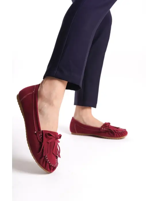 Bordo Süet Püsküllü Günlük Kadın Babet