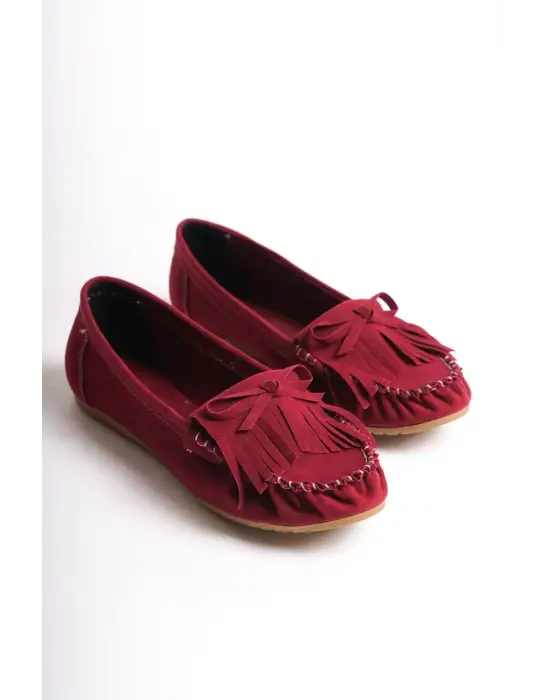 Bordo Süet Püsküllü Günlük Kadın Babet