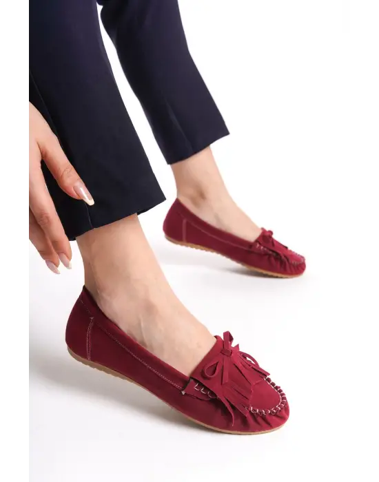 Bordo Süet Püsküllü Günlük Kadın Babet