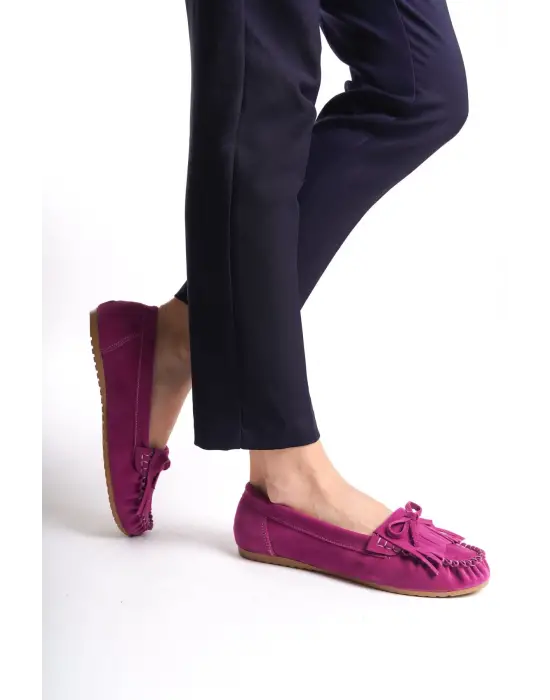 Fuşya Süet Püsküllü Günlük Kadın Babet