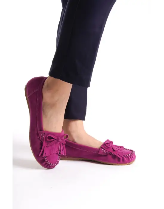 Fuşya Süet Püsküllü Günlük Kadın Babet