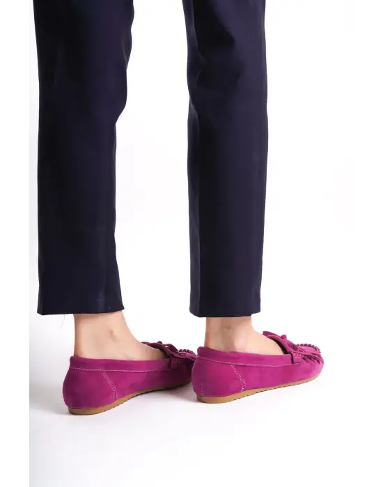 Fuşya Süet Püsküllü Günlük Kadın Babet