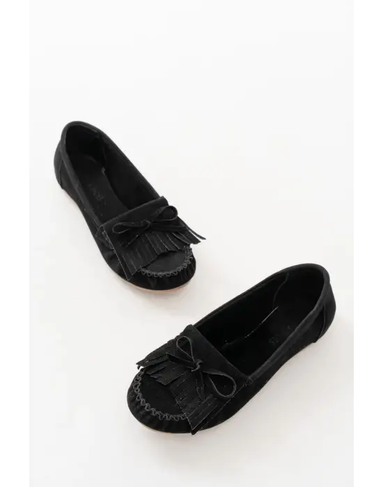 Siyah Süet Püsküllü Günlük Kadın Babet