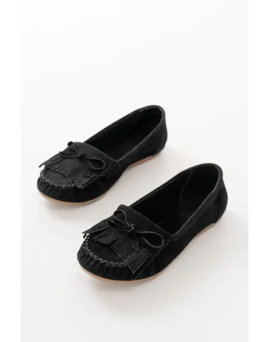 Siyah Süet Püsküllü Günlük Kadın Babet