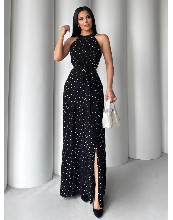 Puantiyeli Yırtmaçlı Elbise N4233