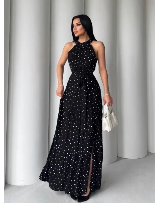 Puantiyeli Yırtmaçlı Elbise N4233