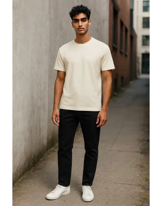 Regular Kalıp Kadın - Erkek Unisex Basic Tişört Ekru