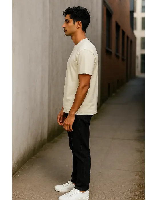 Regular Kalıp Kadın - Erkek Unisex Basic Tişört Ekru