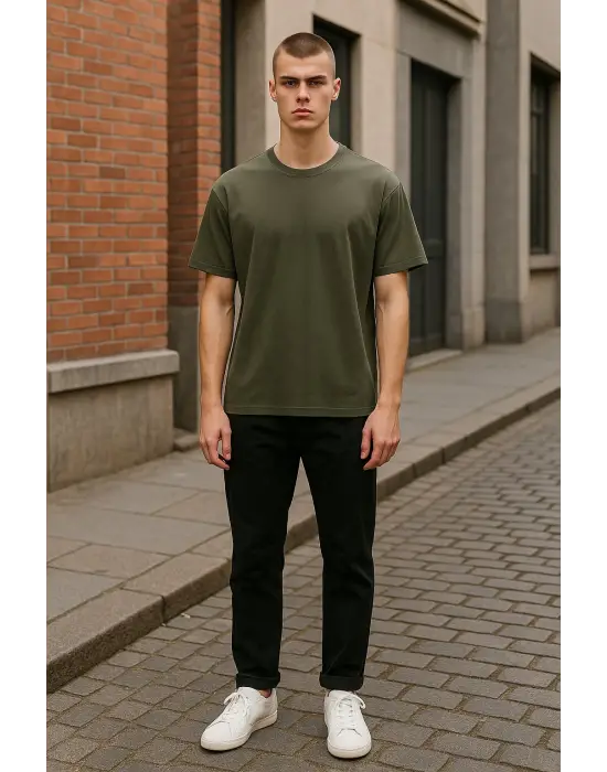 Regular Kalıp Kadın - Erkek Unisex Basic Tişört Haki