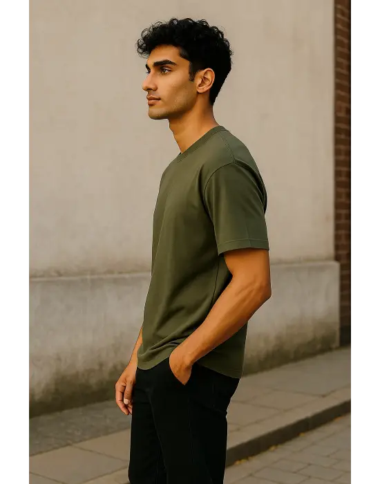 Regular Kalıp Kadın - Erkek Unisex Basic Tişört Haki