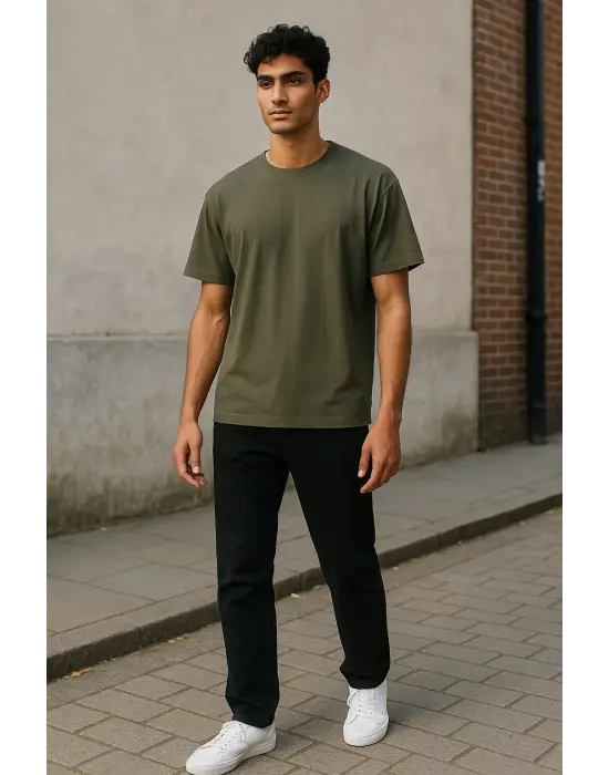 Regular Kalıp Kadın - Erkek Unisex Basic Tişört Haki