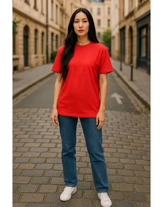 Regular Kalıp Kadın - Erkek Unisex Basic Tişört Kırmızı