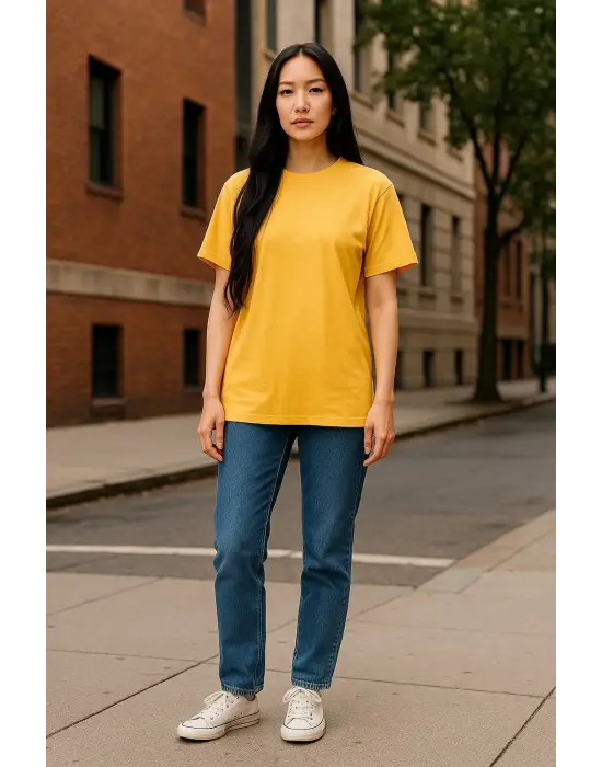 Regular Kalıp Kadın - Erkek Unisex Basic Tişört Sarı