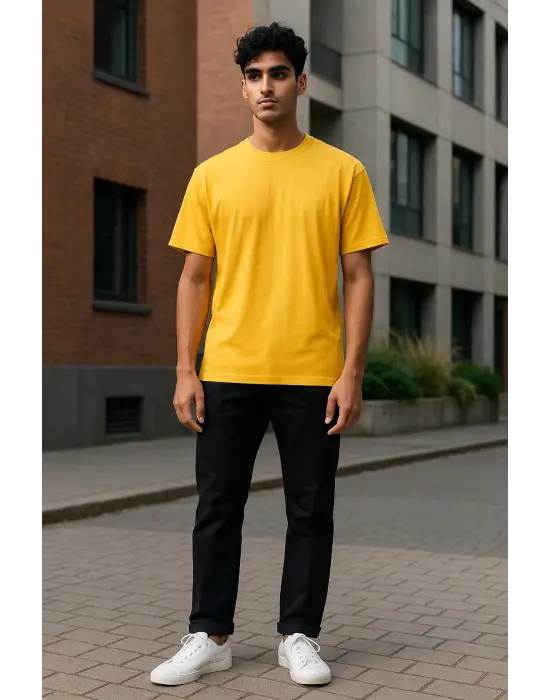 Regular Kalıp Kadın - Erkek Unisex Basic Tişört Sarı