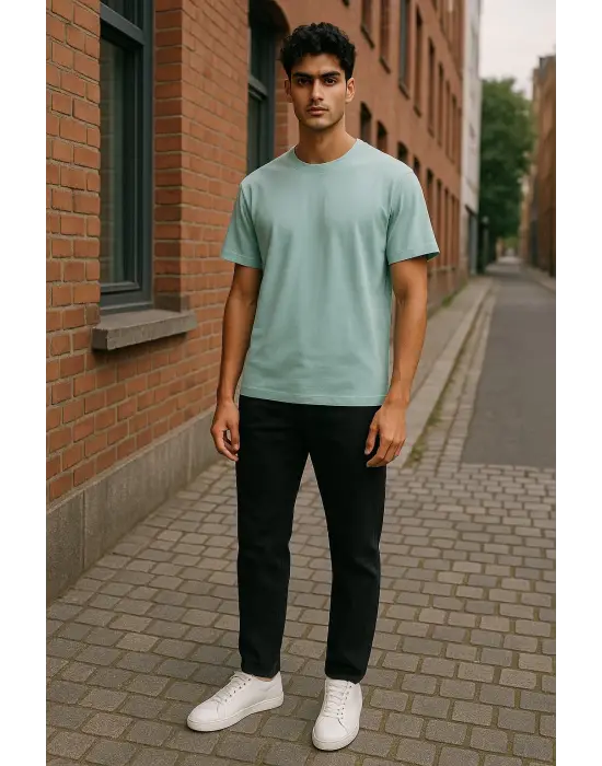 Regular Kalıp Kadın - Erkek Unisex Basic Tişört Su Yeşili