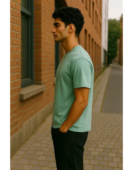 Regular Kalıp Kadın - Erkek Unisex Basic Tişört Su Yeşili