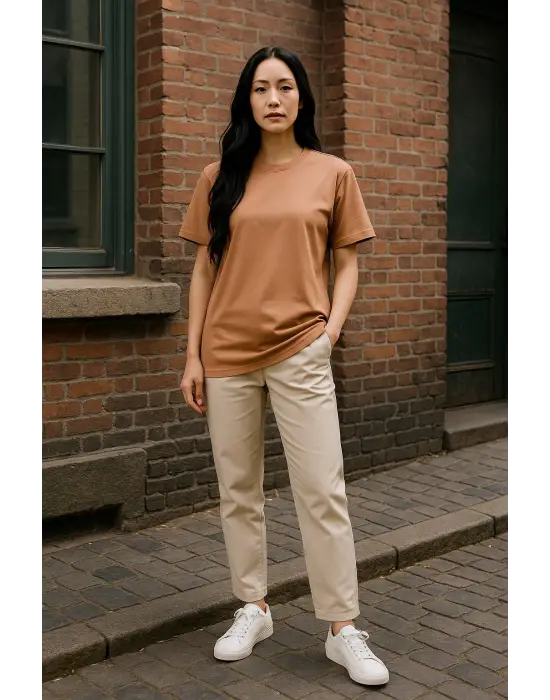 Regular Kalıp Kadın - Erkek Unisex Basic Tişört Ten Rengi