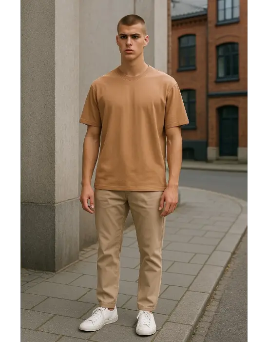 Regular Kalıp Kadın - Erkek Unisex Basic Tişört Ten Rengi