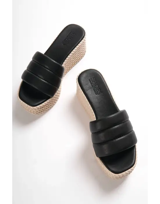 Reına Dolgu Topuklu Ortopedik Taban Hasır Görünümlü Kadın Terlik Kt - Siyah