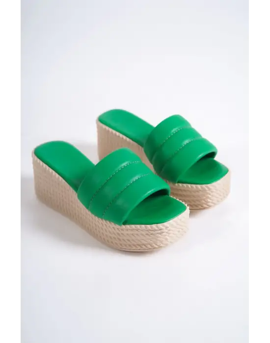 Reına Dolgu Topuklu Ortopedik Taban Hasır Görünümlü Kadın Terlik Kt - Yeşil