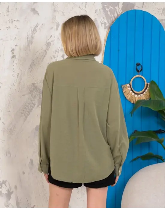 Relax Fit Keten Gömlek Haki S255349