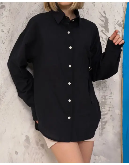 Relax Fit Keten Gömlek Siyah S255349