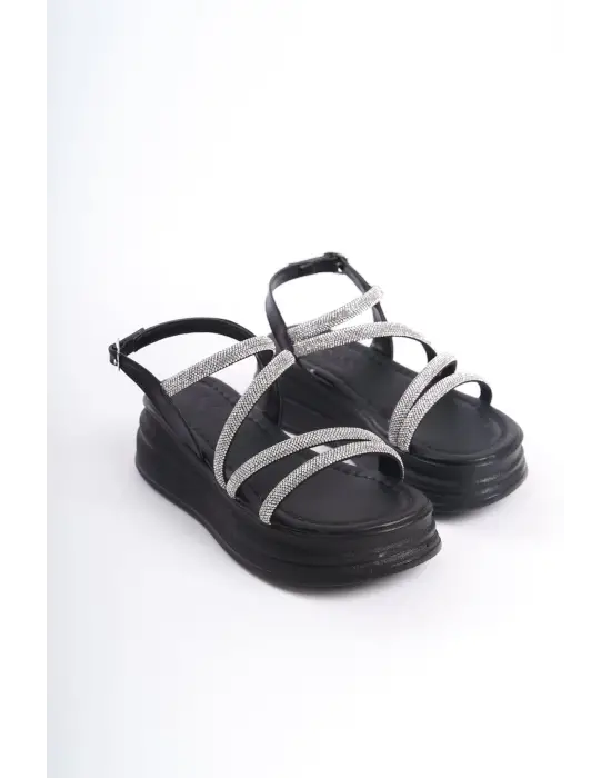 Rıley İnce Tokalı Taşlı Şeritli Ortopedik Taban Kadın Sandalet  St - Siyah