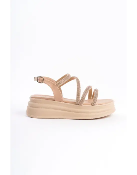 Rıley İnce Tokalı Taşlı Şeritli Ortopedik Taban Kadın Sandalet Tt - Ten
