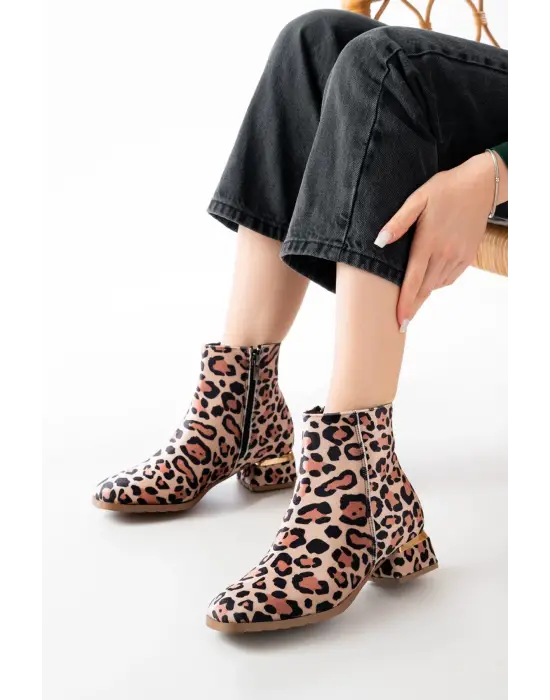 Leopar Topuklu Fermuarlı Günlük Kadın Bot
