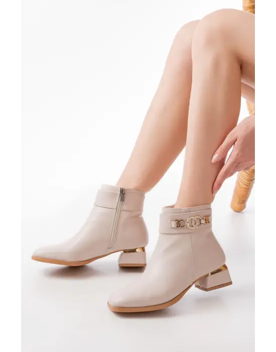 Bej Toka Aksesuarlı Topuklu Fermuarlı Günlük Kadın Bot