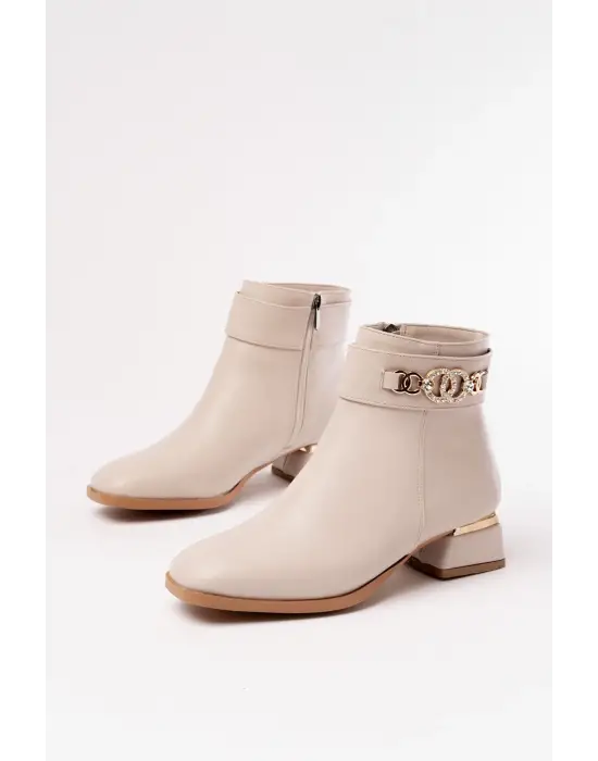 Bej Toka Aksesuarlı Topuklu Fermuarlı Günlük Kadın Bot