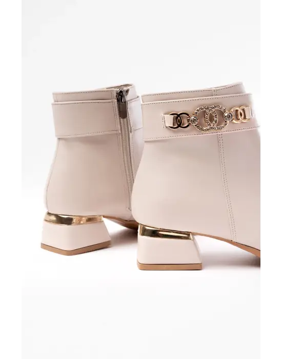 Bej Toka Aksesuarlı Topuklu Fermuarlı Günlük Kadın Bot