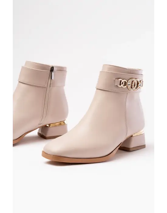 Bej Toka Aksesuarlı Topuklu Fermuarlı Günlük Kadın Bot