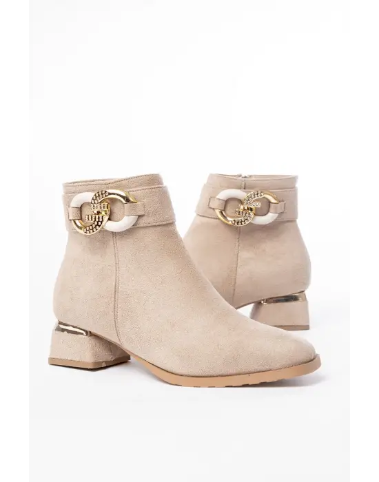 Bej Süet Toka Aksesuarlı Topuklu Fermuarlı Günlük Kadın Bot