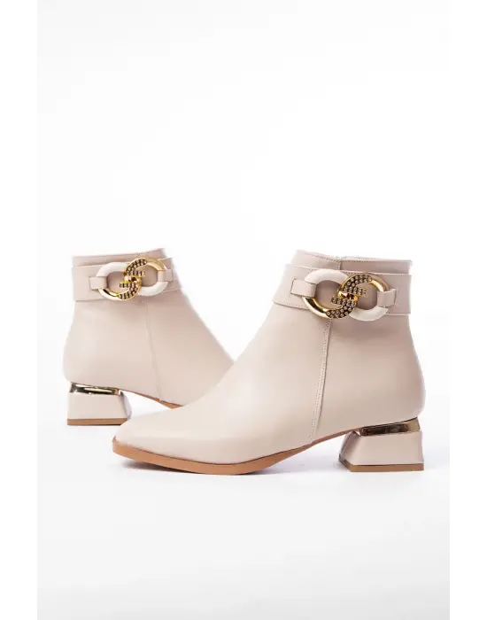 Bej Toka Aksesuarlı Topuklu Fermuarlı Günlük Kadın Bot