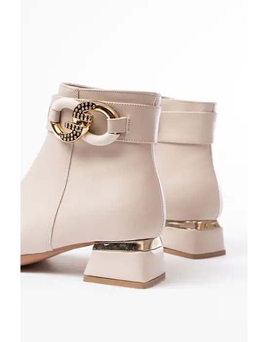 Bej Toka Aksesuarlı Topuklu Fermuarlı Günlük Kadın Bot