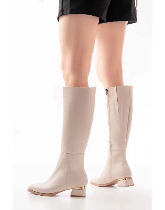 Bej Topuklu Fermuarlı Günlük Kadın Çizme