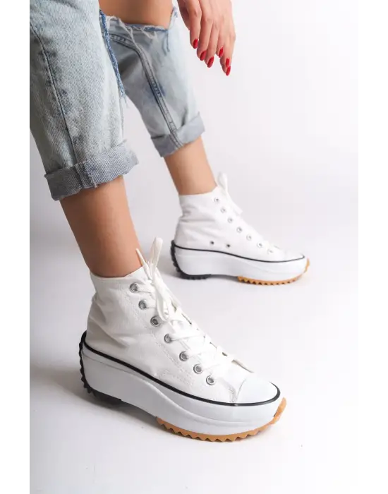 Roma Bağcıklı Ortopedik Taban Kadın Sneaker Spor Ayakkabı Bt - Beyaz