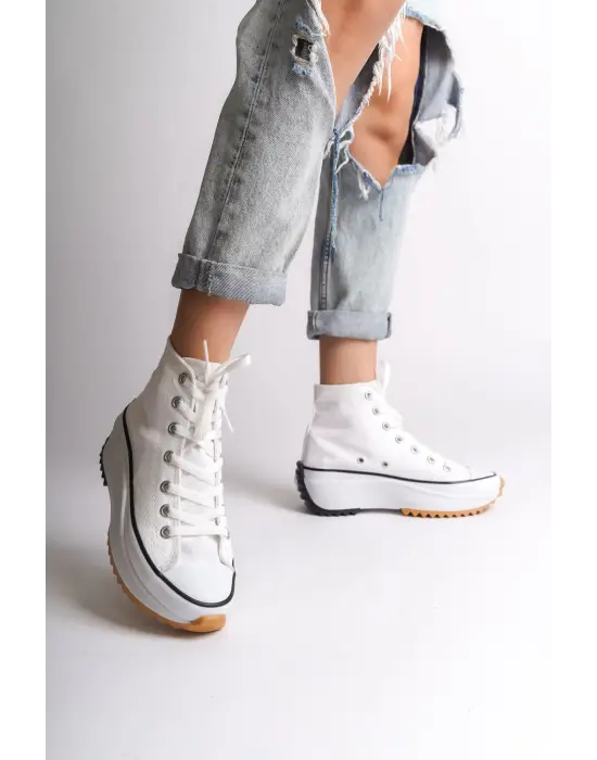 Roma Bağcıklı Ortopedik Taban Kadın Sneaker Spor Ayakkabı Bt - Beyaz