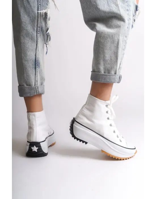 Roma Bağcıklı Ortopedik Taban Kadın Sneaker Spor Ayakkabı Bt - Beyaz