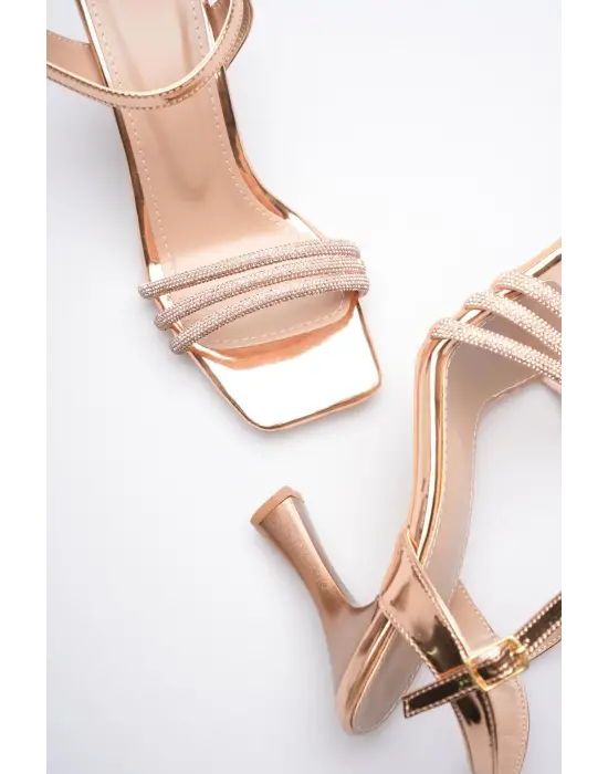 Rose Gold Taşlı İnce Topuklu Abiye Sandalet TR20MY15G