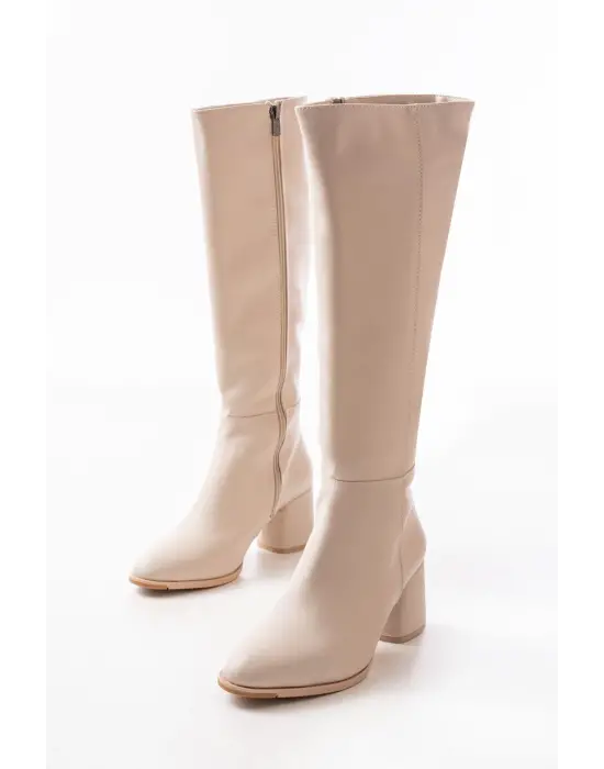 Bej Topuklu Fermuarlı Günlük Kadın Çizme