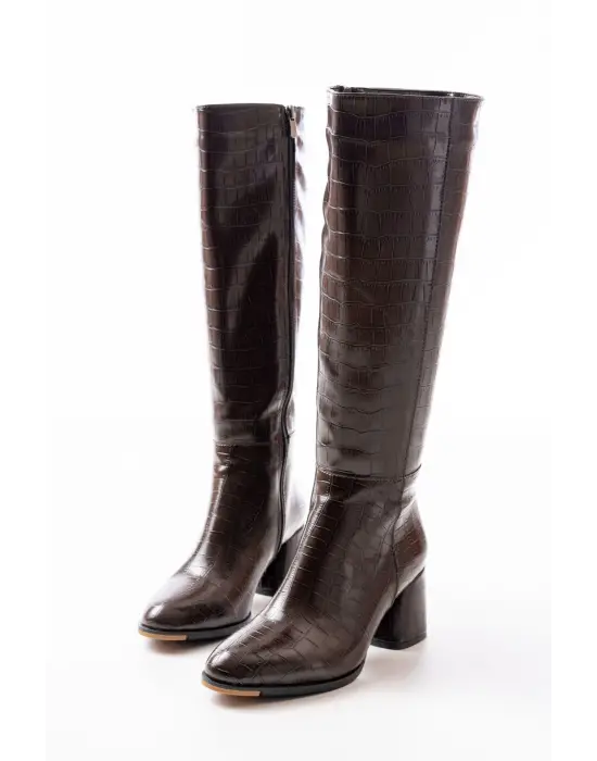 Kahverengi Kroko Topuklu Fermuarlı Günlük Kadın Çizme