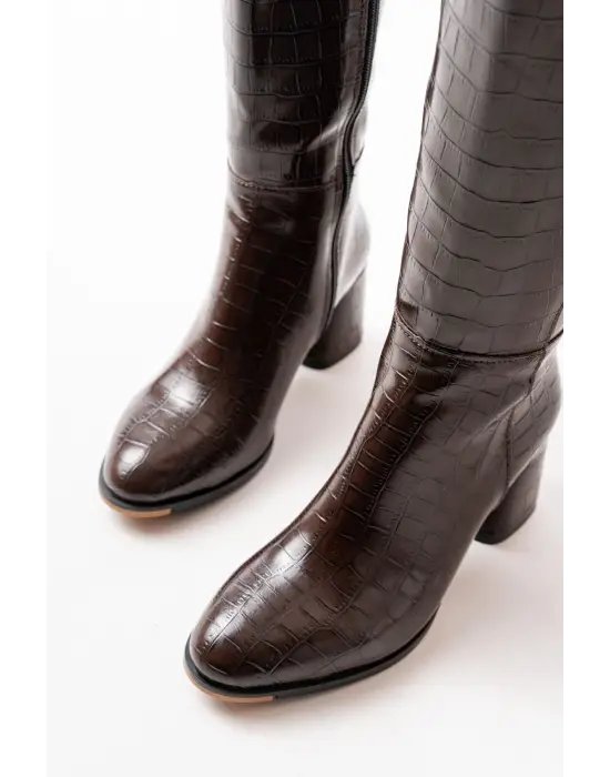 Kahverengi Kroko Topuklu Fermuarlı Günlük Kadın Çizme