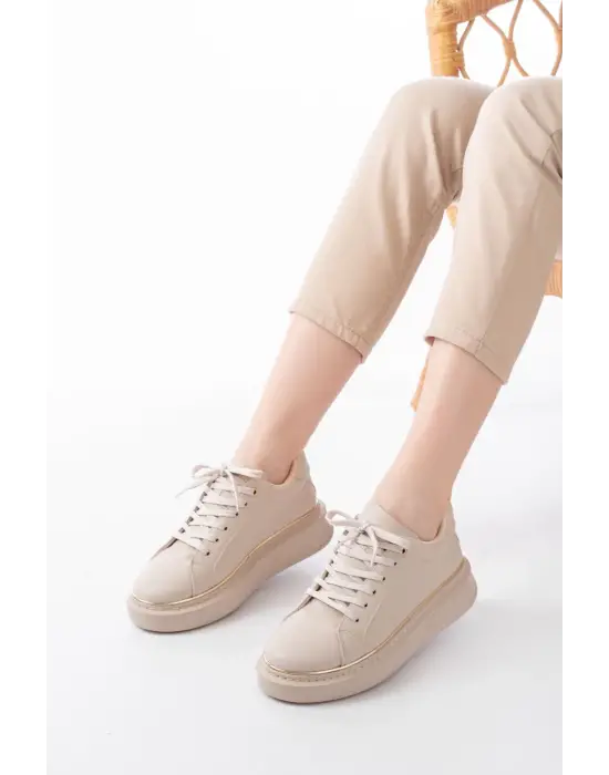 Rs-2435 Bej Roze Bağcıklı Dikişli Günlük Spor Ayakkabı