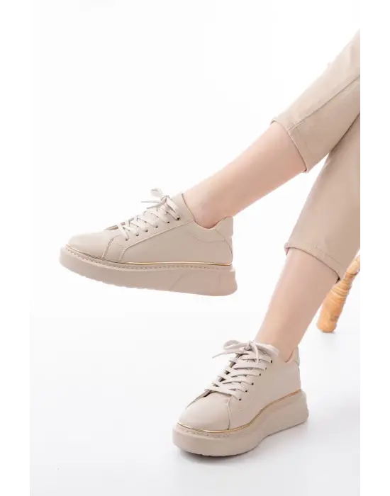 Rs-2435 Bej Roze Bağcıklı Dikişli Günlük Spor Ayakkabı