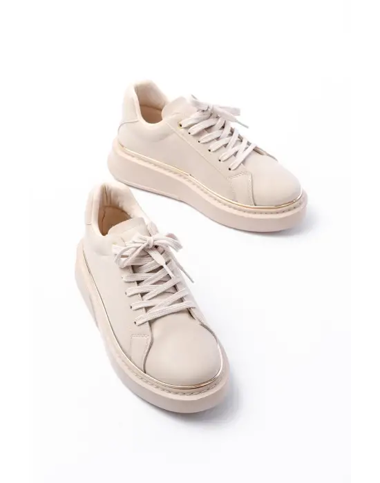 Rs-2435 Bej Roze Bağcıklı Dikişli Günlük Spor Ayakkabı