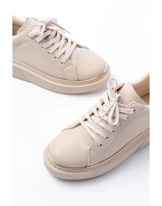 Rs-2435 Bej Roze Bağcıklı Dikişli Günlük Spor Ayakkabı